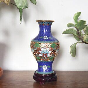 Vintage Chinese Cloisonné Vase On A Wood Stand Enamel Vase With Floral Ornaments